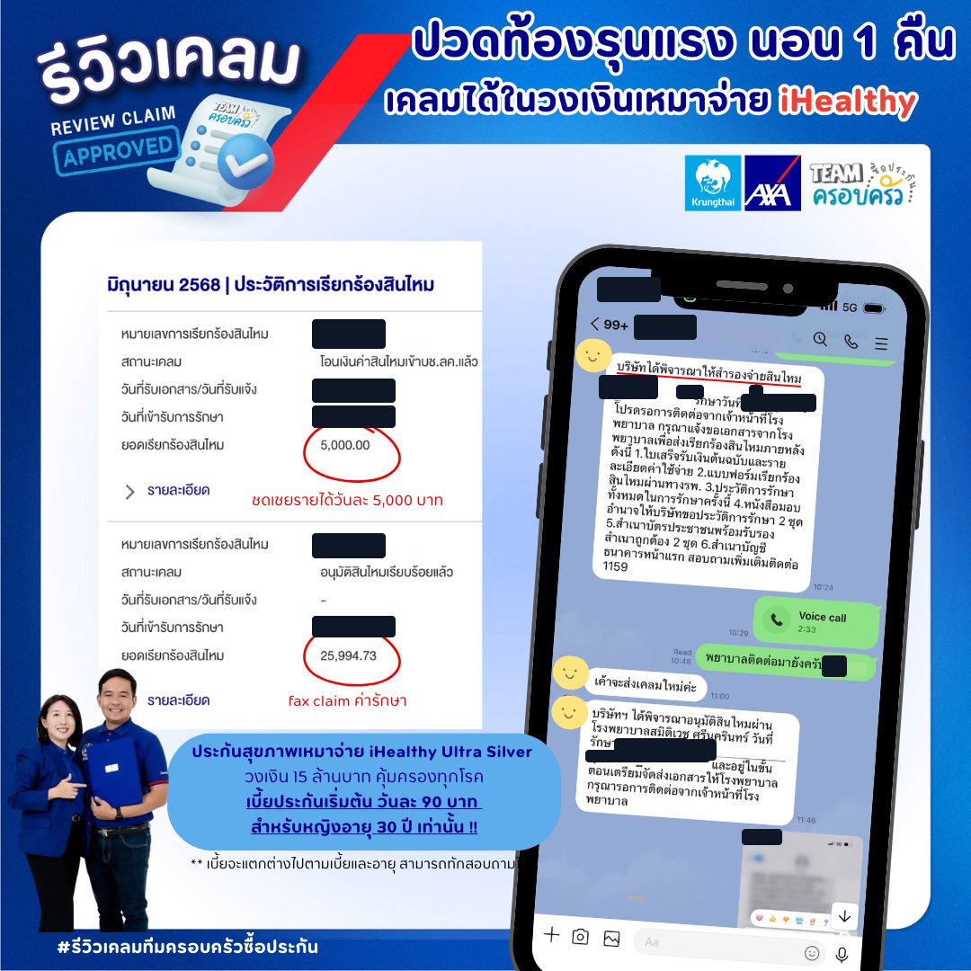 รูปรีวิวเคลม ปวดท้องรุนแรง นอนโรงพยาบาล 1 คืน (การ์ดไม่ได้ระบุการวินิจฉัย) (ปิดชื่อลูกค้าแล้ว)