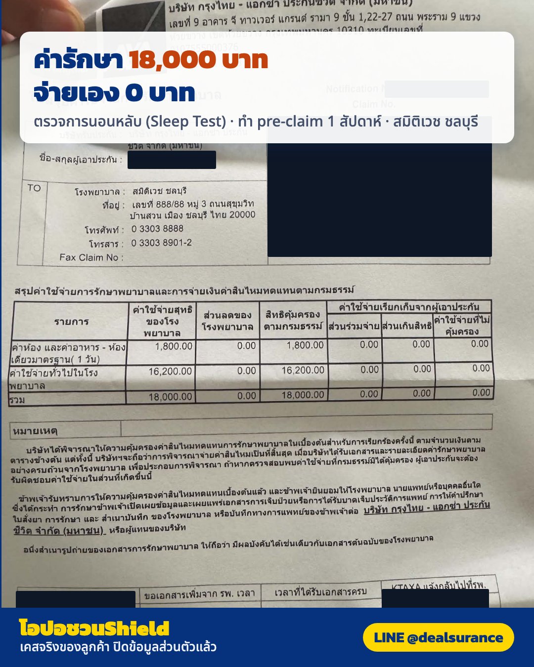 รูปรีวิวเคลม นอนไม่หลับ รักษาแล้วไม่ดีขึ้น แพทย์ให้ตรวจการนอนหลับ (Sleep Test) โดยนอนโรงพยาบาล 1 คืน (ปิดชื่อลูกค้าแล้ว)
