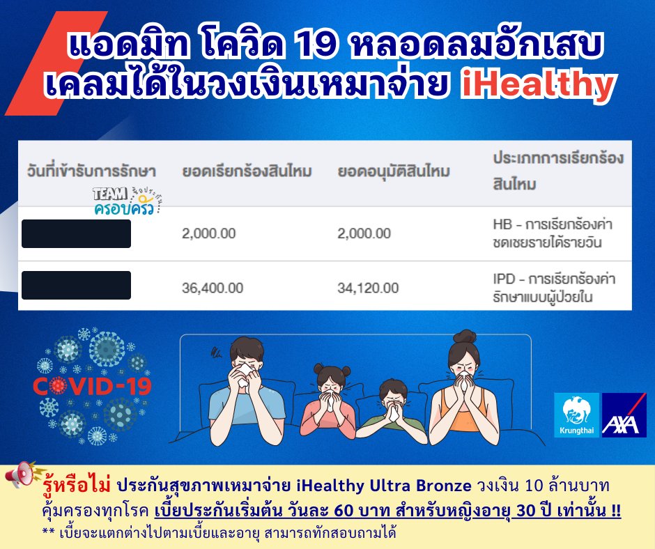 รูปรีวิวเคลม โควิด-19 ร่วมกับหลอดลมอักเสบ ต้องนอนโรงพยาบาล (ปิดชื่อลูกค้าแล้ว)