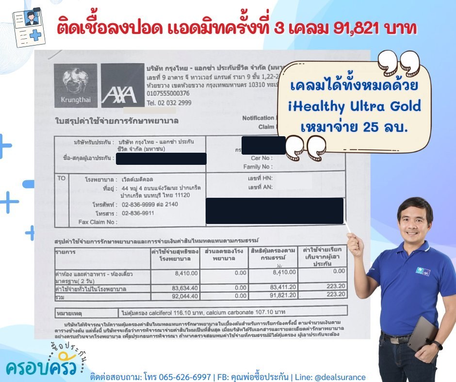 รูปรีวิวเคลม ติดเชื้อลงปอด แอดมิทเป็นครั้งที่สามของเรื่องเดียวกัน (ปิดชื่อลูกค้าแล้ว)